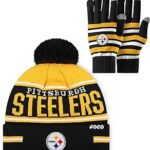 FOCO NFL unisex-adult Nfl Team Logo Adult Stretch Gloves With Big Wordmark Strip Pom Knit Hat Beanie Set