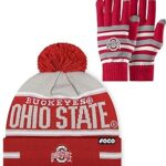 FOCO NCAA unisex-adult Ncaa College Team Logo Adult Stretch Gloves With Big Wordmark Strip Pom Knit Hat Beanie Set